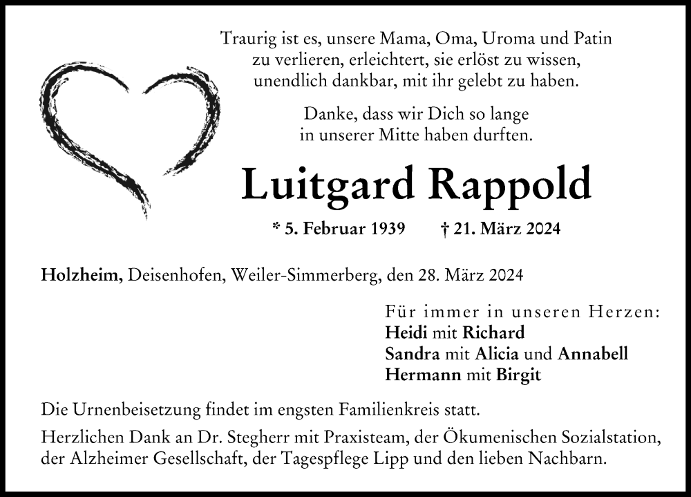 Traueranzeige von Luitgard Rappold von Donau Zeitung