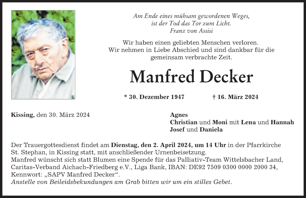 Traueranzeige von Manfred Decker von Friedberger Allgemeine