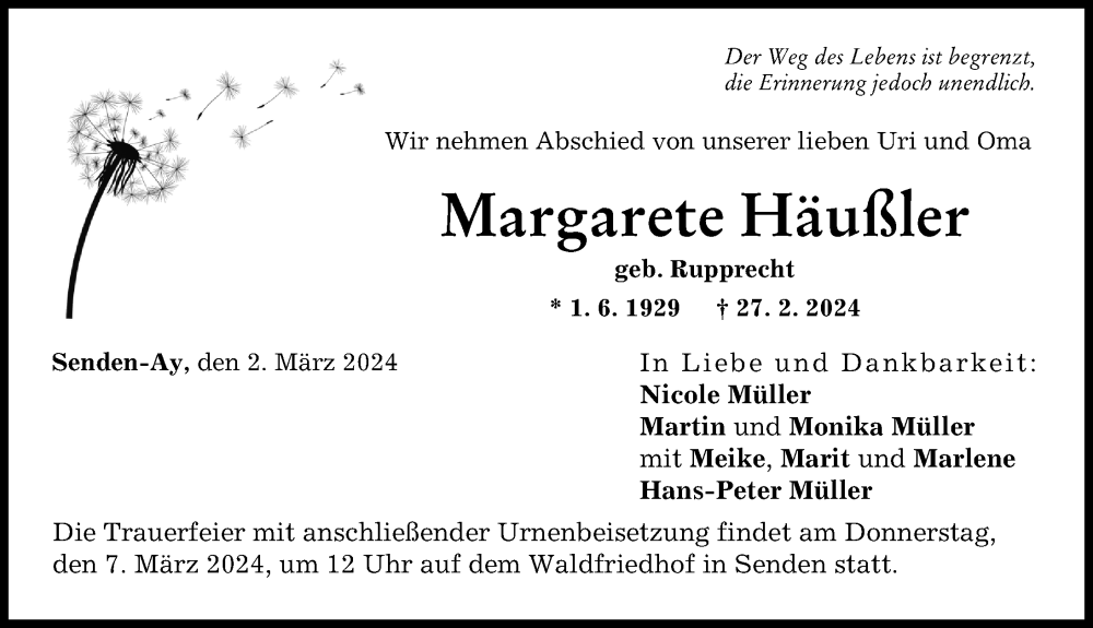 Traueranzeige von Margarete Häußler von Neu-Ulmer Zeitung