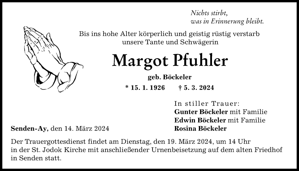 Traueranzeige von Margot Pfuhler von Neu-Ulmer Zeitung