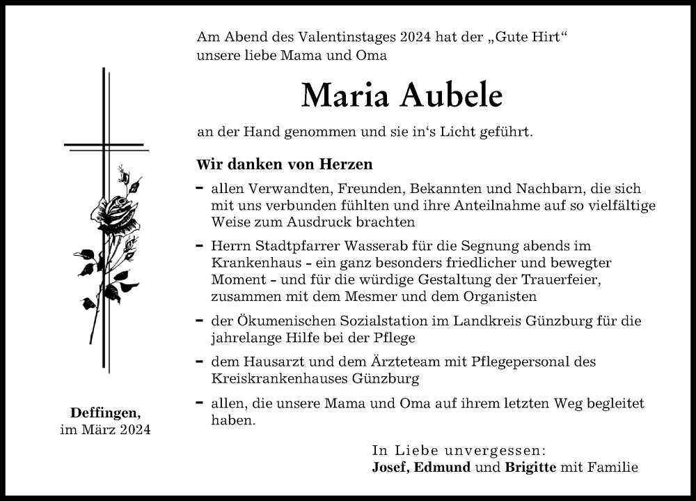 Traueranzeige von Maria Aubele von Günzburger Zeitung