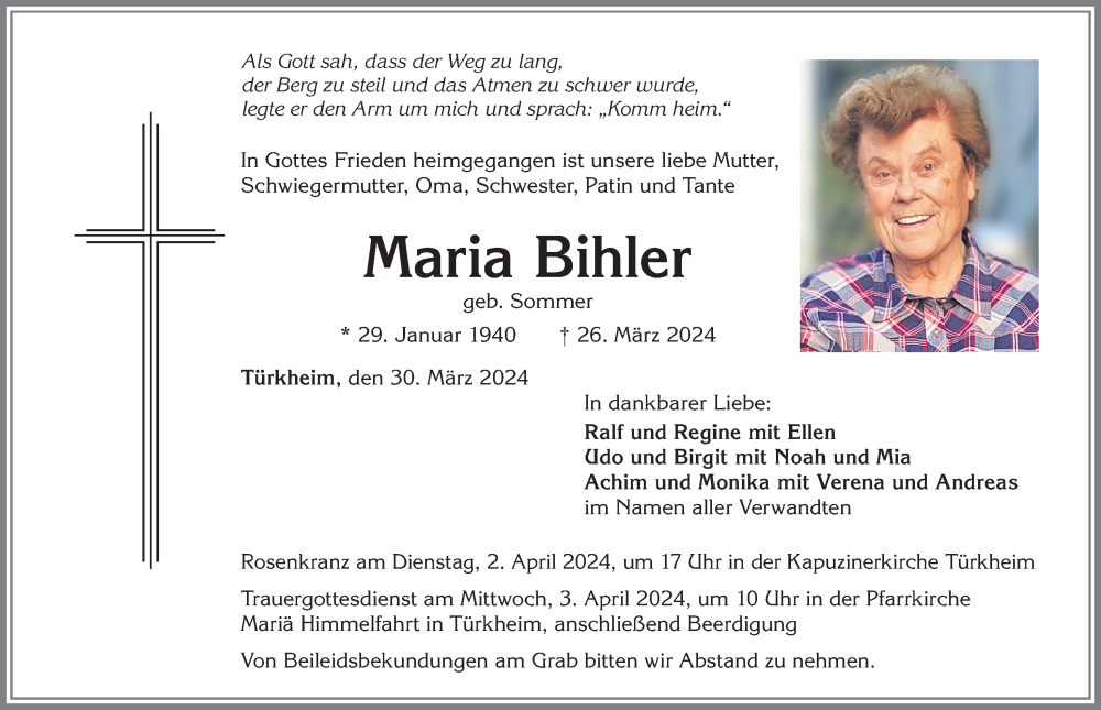 Traueranzeige von Maria Bihler von Mindelheimer Zeitung