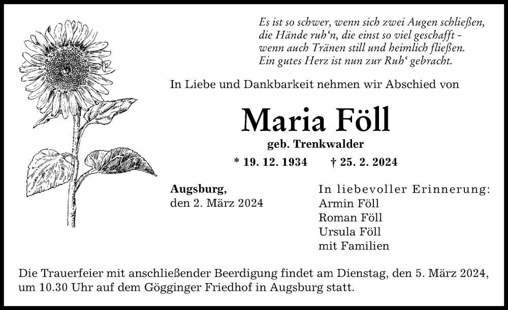 Traueranzeige von Maria Föll von Augsburger Allgemeine