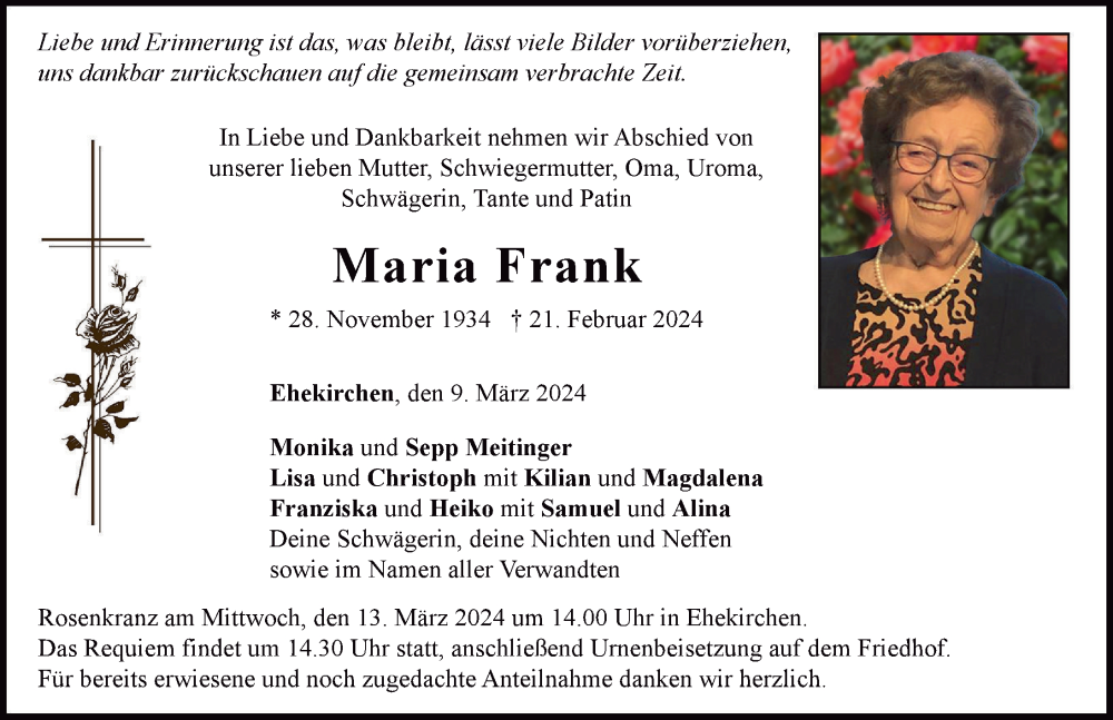 Traueranzeige von Maria Frank von Neuburger Rundschau