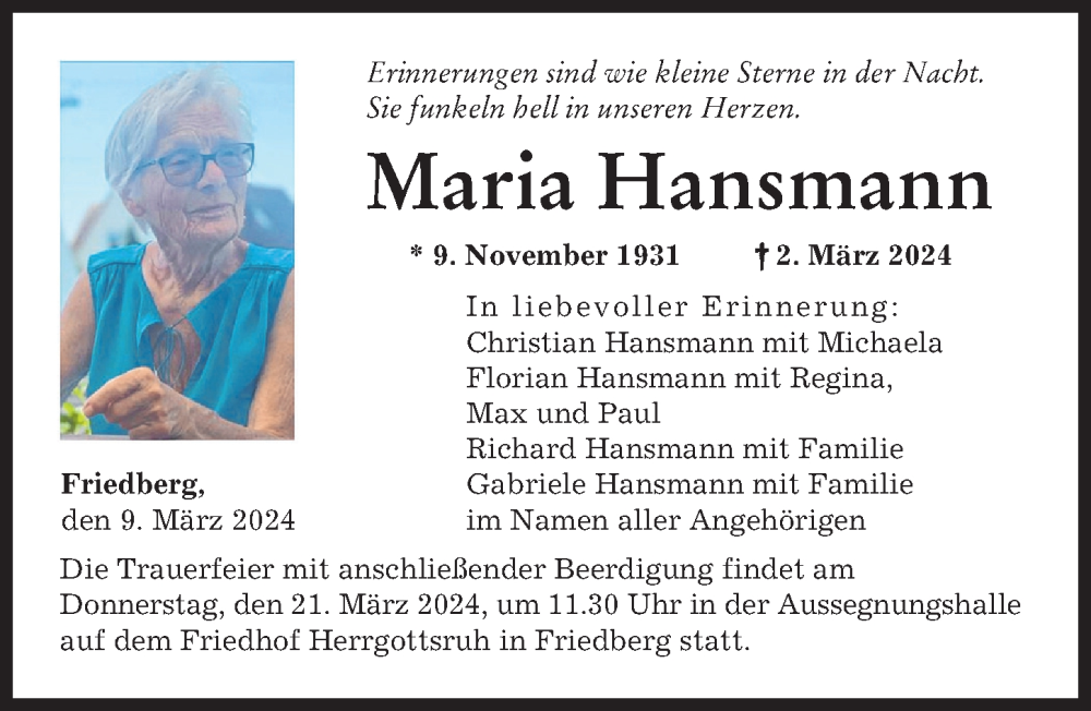 Traueranzeige von Maria Hansmann von Augsburger Allgemeine