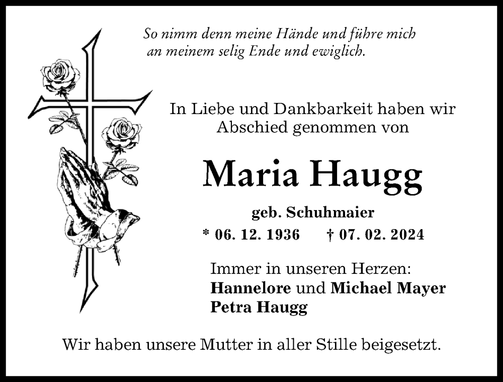 Traueranzeige von Maria Haugg von Schwabmünchner Allgemeine, Augsburger Allgemeine