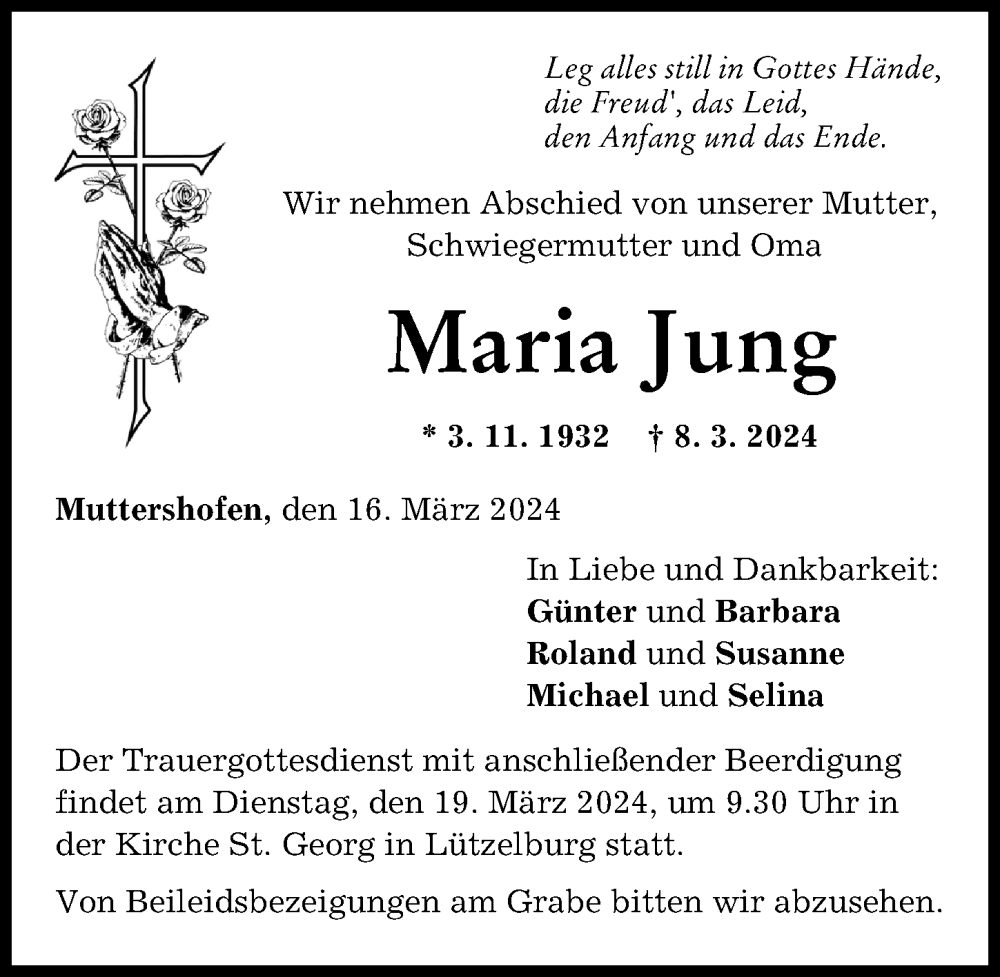 Traueranzeige von Maria Jung von Augsburg-Land