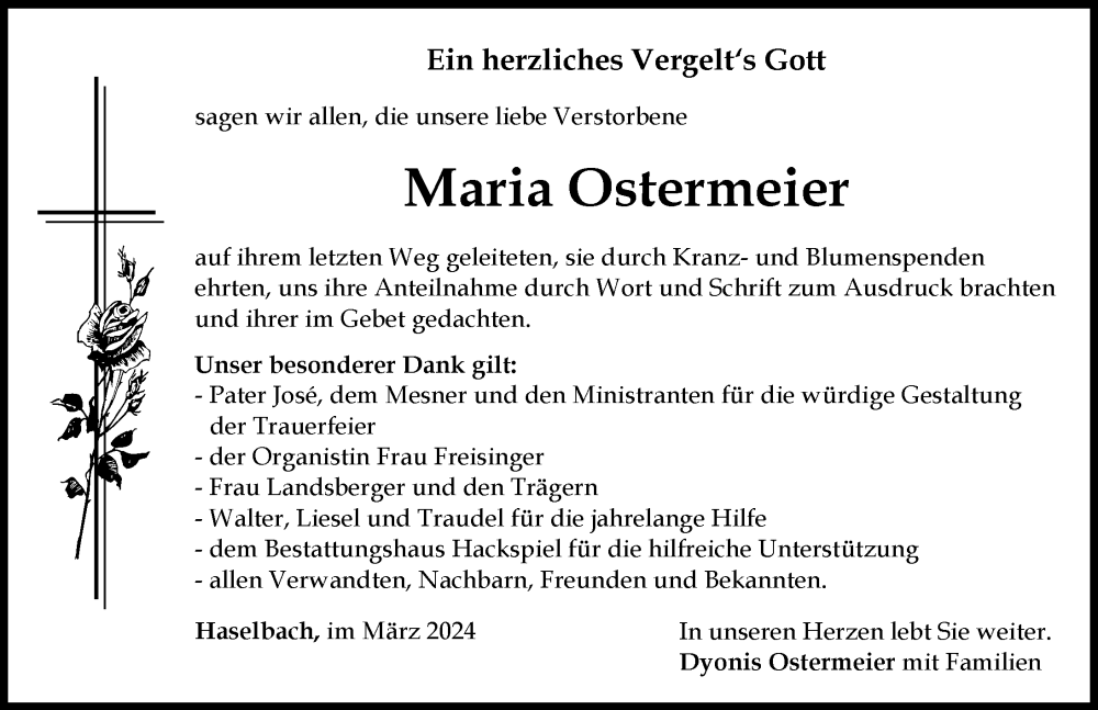 Traueranzeige von Maria Ostermeier von Mindelheimer Zeitung