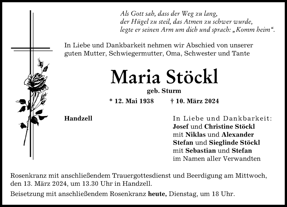 Traueranzeige von Maria Stöckl von Aichacher Nachrichten