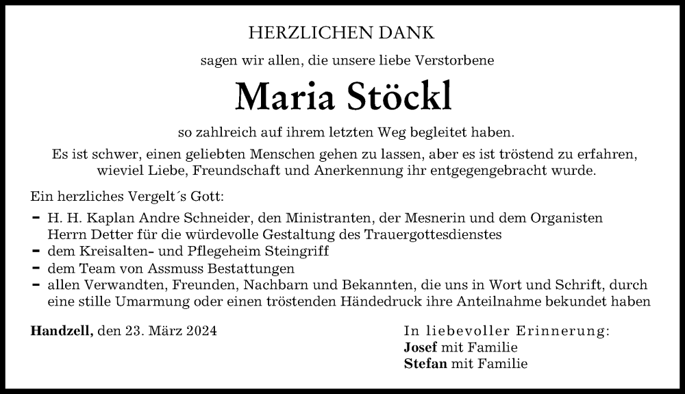 Traueranzeige von Maria Stöckl von Aichacher Nachrichten