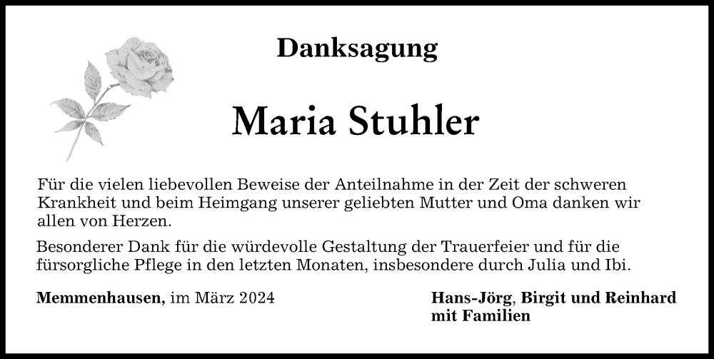 Traueranzeige von Maria Stuhler von Mittelschwäbische Nachrichten