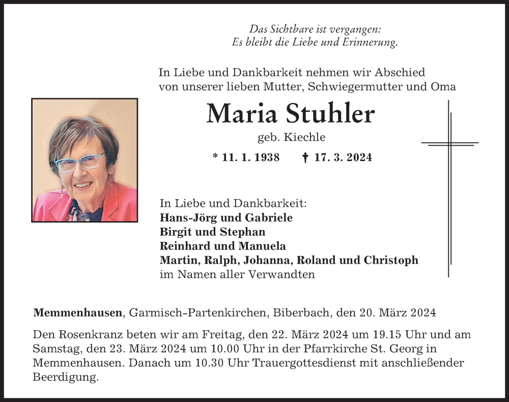 Traueranzeige von Maria Stuhler von Augsburg-Land, Mittelschwäbische Nachrichten