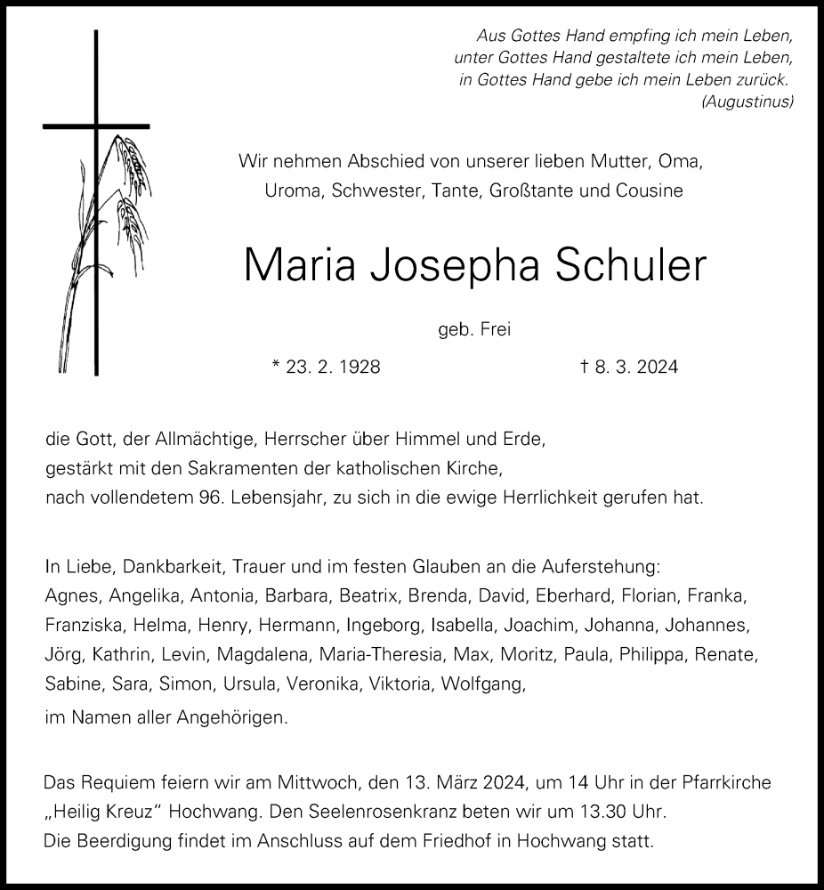 Traueranzeige von Maria Josepha Schuler von Mittelschwäbische Nachrichten, Günzburger Zeitung