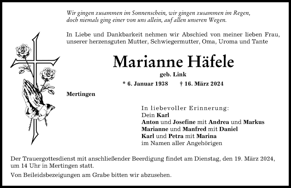 Traueranzeige von Marianne Häfele von Donauwörther Zeitung