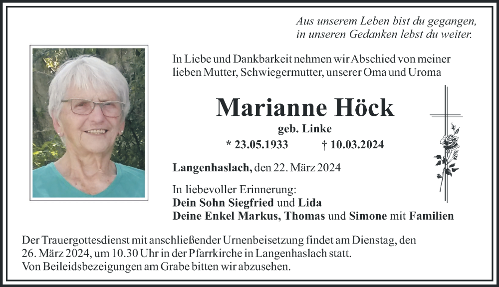 Traueranzeige von Marianne Höck von Mittelschwäbische Nachrichten