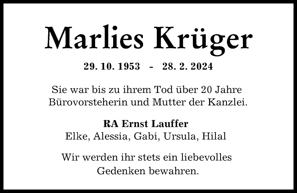 Traueranzeige von Marlies Krüger von Augsburger Allgemeine
