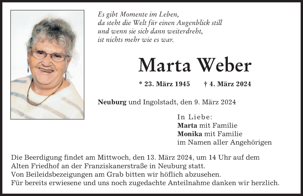 Traueranzeige von Marta Weber von Neuburger Rundschau