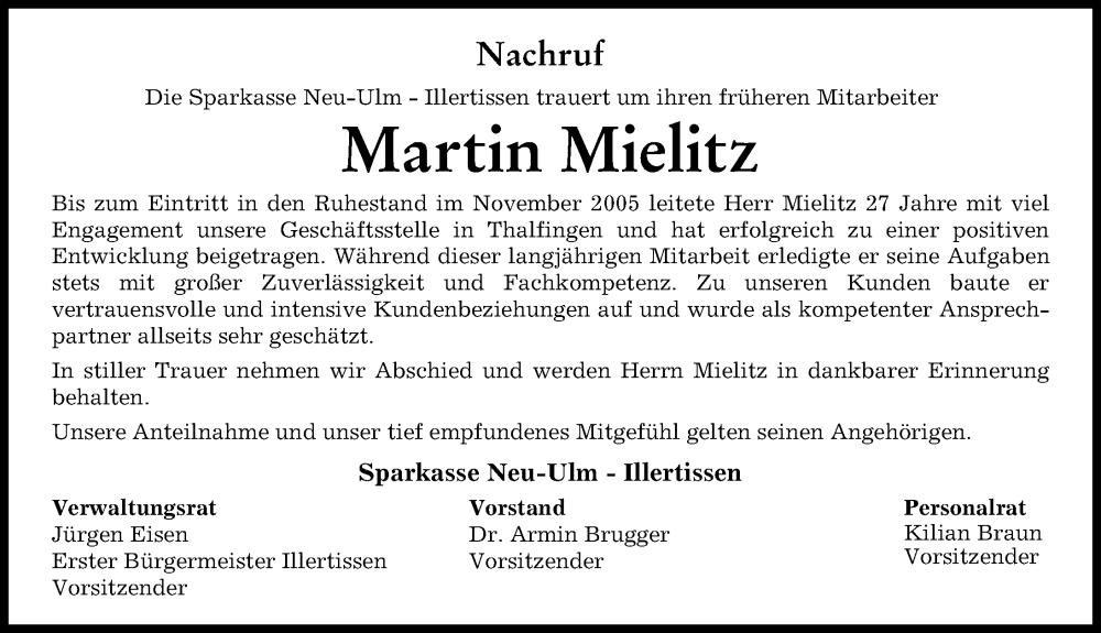 Traueranzeige von Martin Mielitz von Neu-Ulmer Zeitung