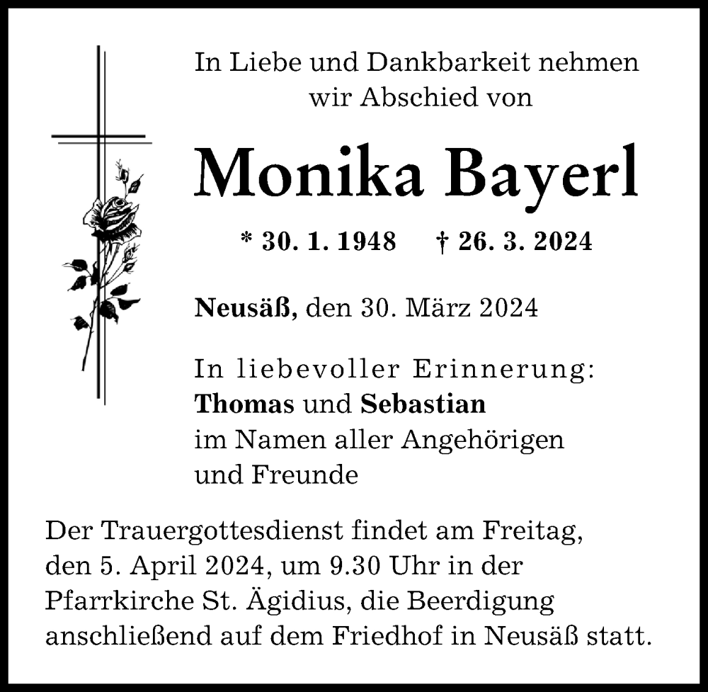 Traueranzeige von Monika Bayerl von Augsburger Allgemeine