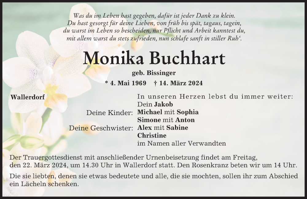  Traueranzeige für Monika Buchhart vom 19.03.2024 aus Neuburger Rundschau, Donauwörther Zeitung