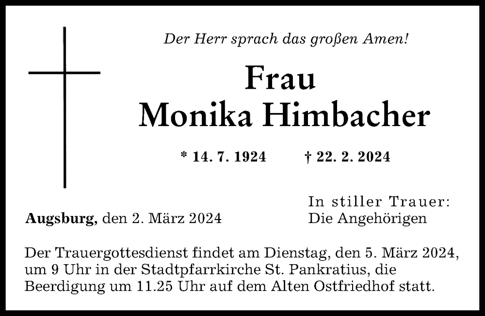 Traueranzeige von Monika Himbacher von Augsburger Allgemeine