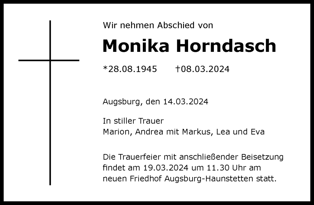 Traueranzeige von Monika Horndasch von Augsburger Allgemeine
