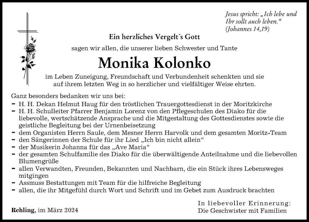 Traueranzeige von Monika Kolonko von Augsburger Allgemeine