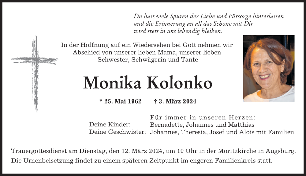 Traueranzeige von Monika Kolonko von Augsburger Allgemeine