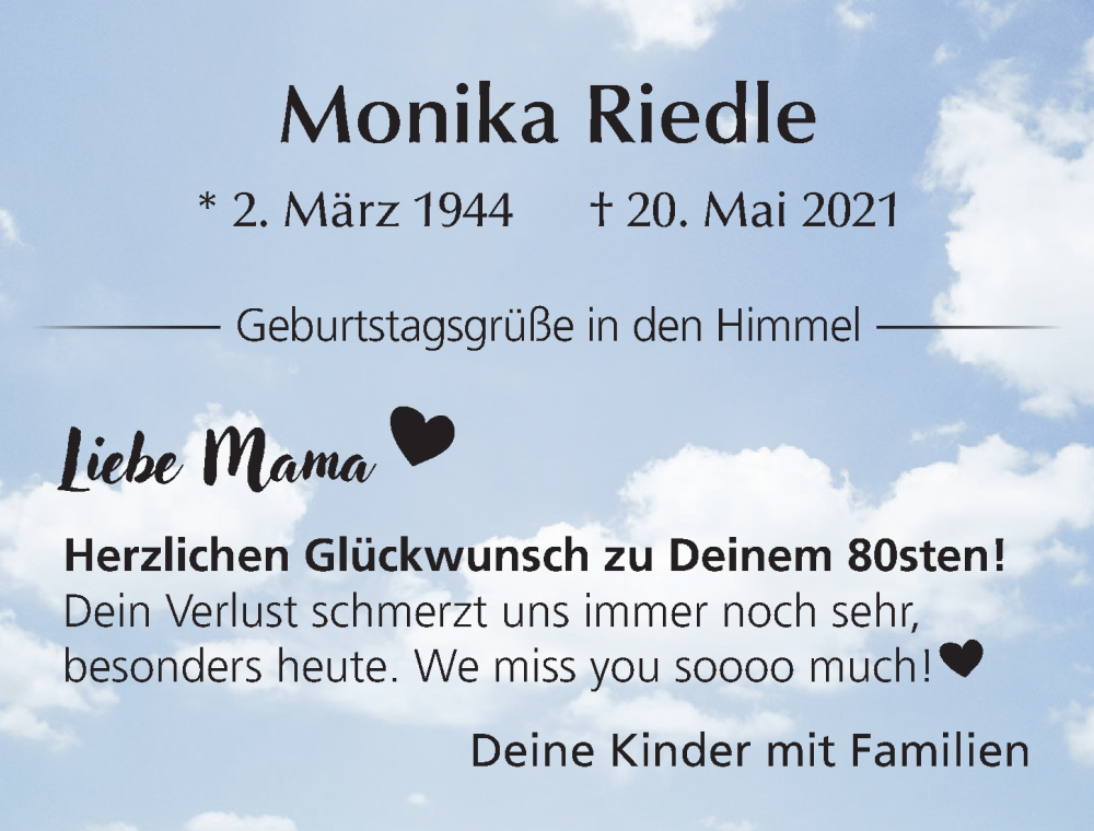 Traueranzeige von Monika Riedle von Mindelheimer Zeitung