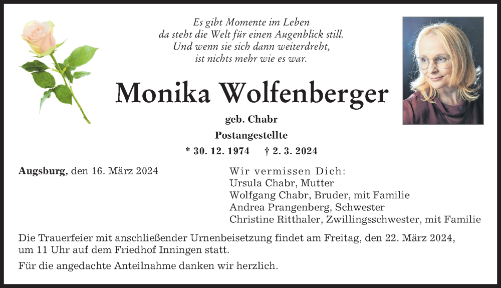  Traueranzeige für Monika Wolfenberger vom 16.03.2024 aus Augsburger Allgemeine