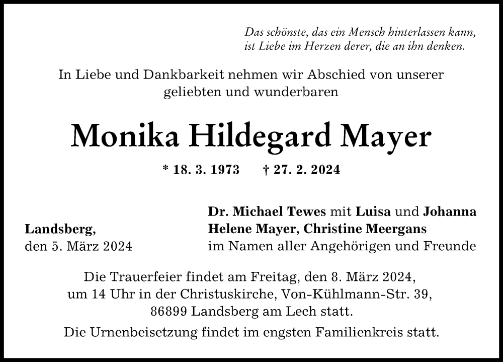 Traueranzeige von Monika Hildegard Mayer von Landsberger Tagblatt