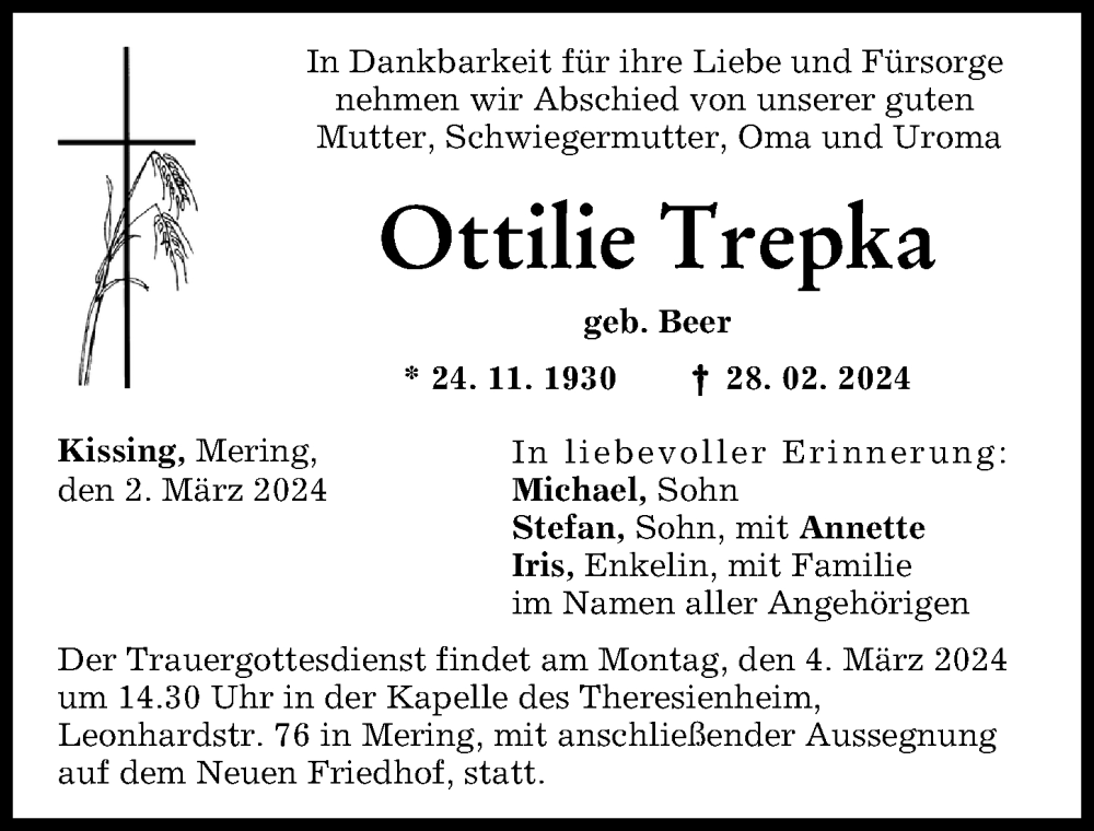 Traueranzeige von Ottilie Trepka von Friedberger Allgemeine