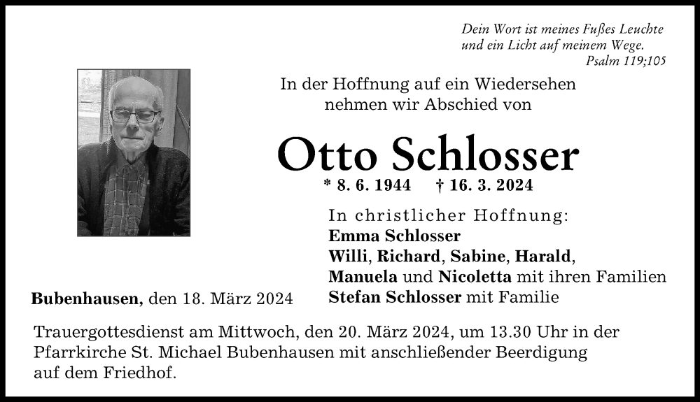  Traueranzeige für Otto Schlosser vom 18.03.2024 aus Neu-Ulmer Zeitung