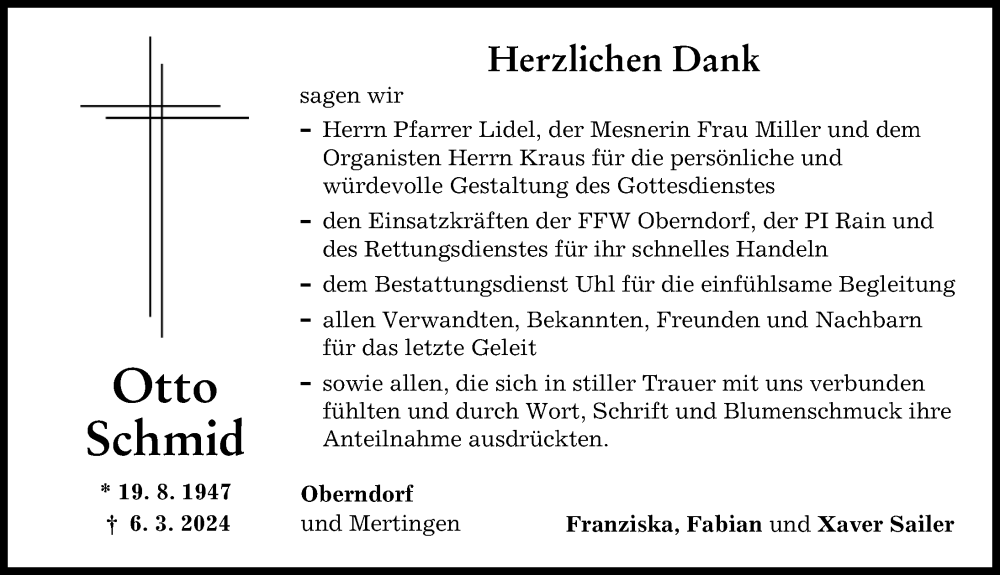 Traueranzeige von Otto Schmid von Donauwörther Zeitung