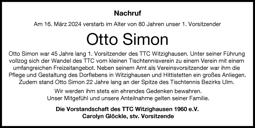 Traueranzeige von Otto Simon von Neu-Ulmer Zeitung