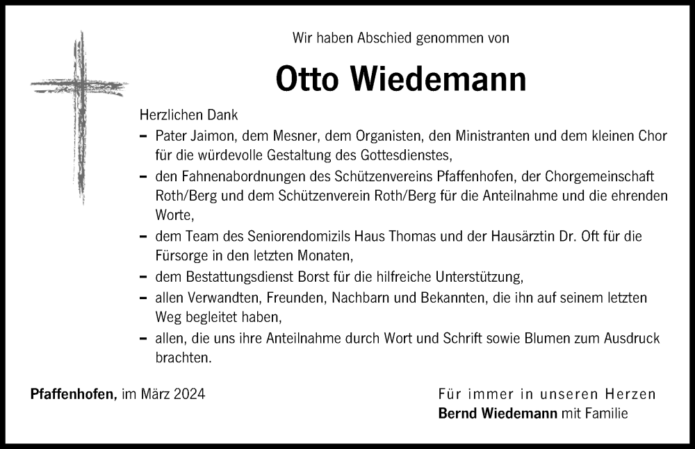 Traueranzeige von Otto Wiedemann von Neu-Ulmer Zeitung