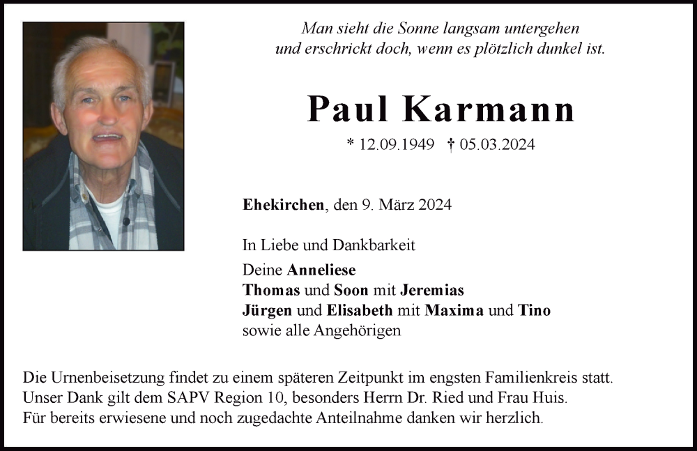 Traueranzeige von Paul Karmann von Neuburger Rundschau