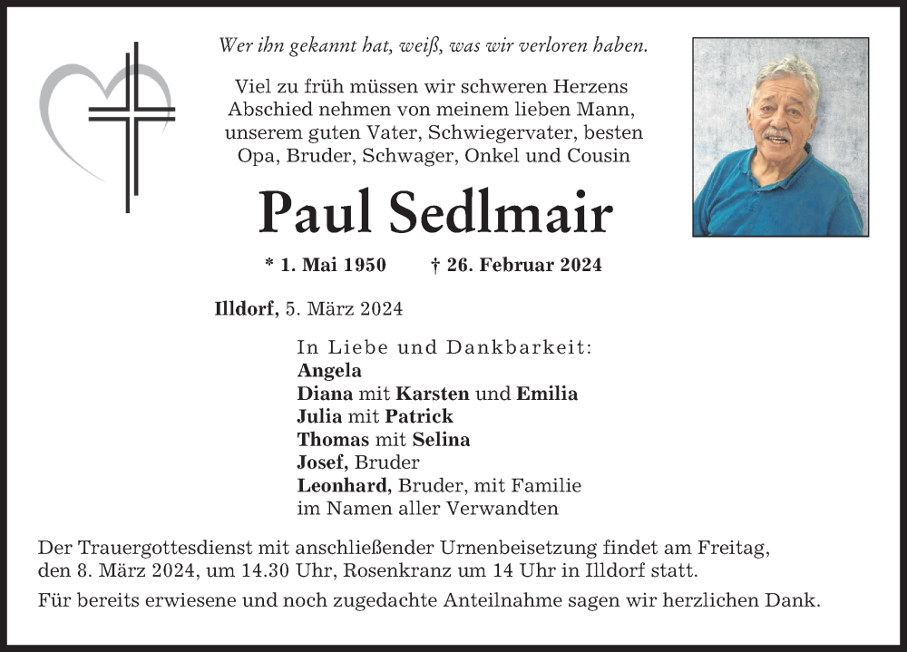 Traueranzeige von Paul Sedlmair von Neuburger Rundschau