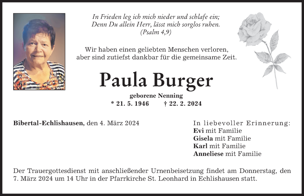 Traueranzeige von Paula Burger von Günzburger Zeitung