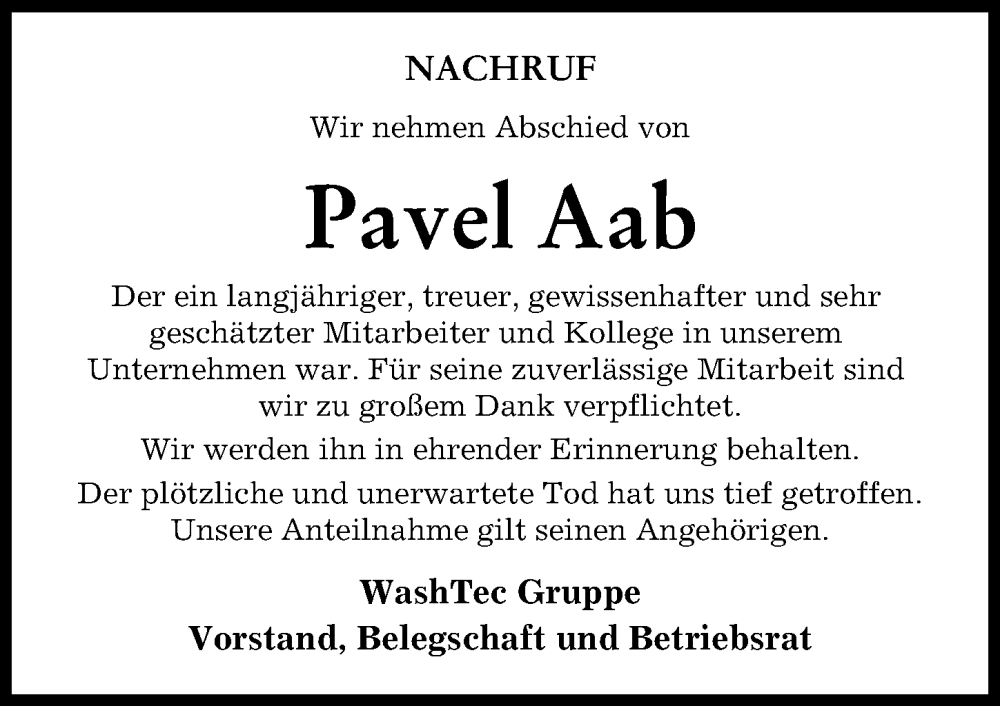 Traueranzeige von Pavel Aab von Augsburger Allgemeine