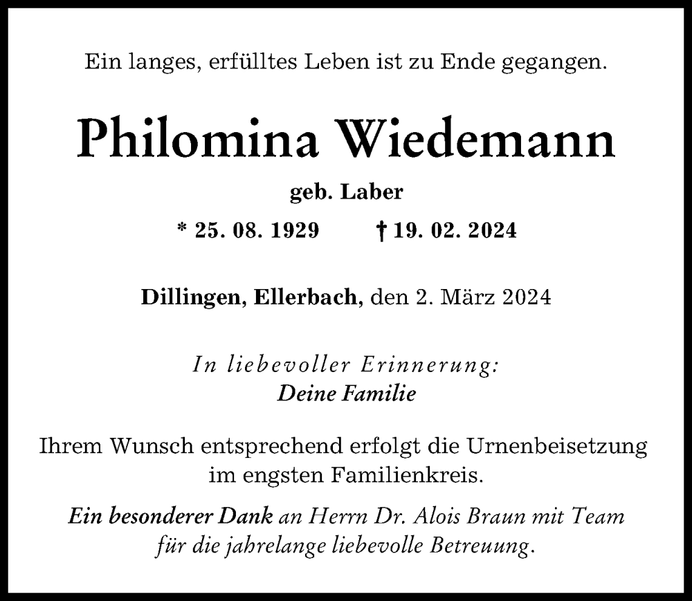 Traueranzeige von Philomina Wiedemann von Donau Zeitung