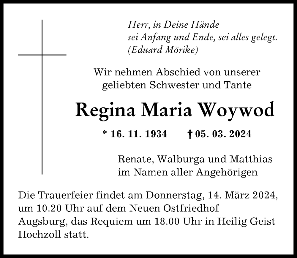 Traueranzeige von Regina Woywod von Augsburger Allgemeine