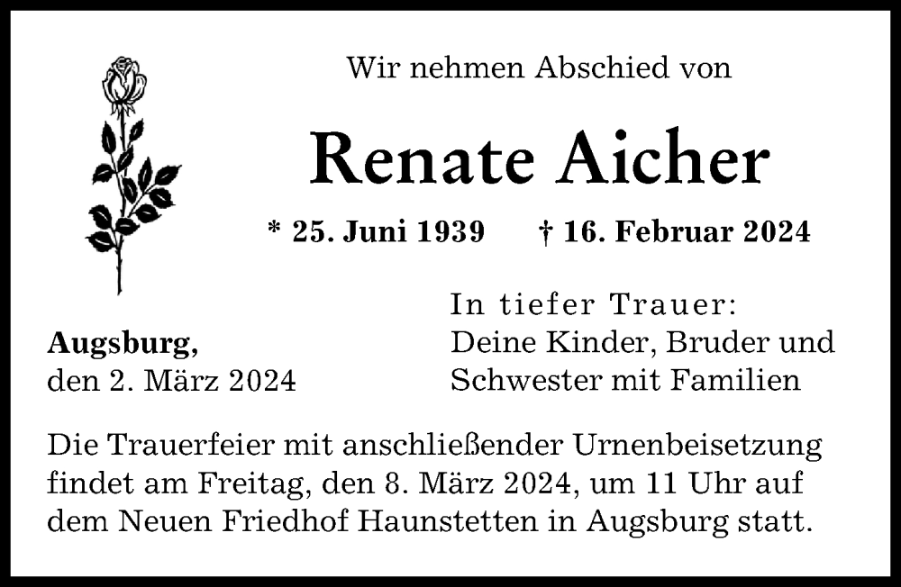 Traueranzeige von Renate Aicher von Augsburger Allgemeine