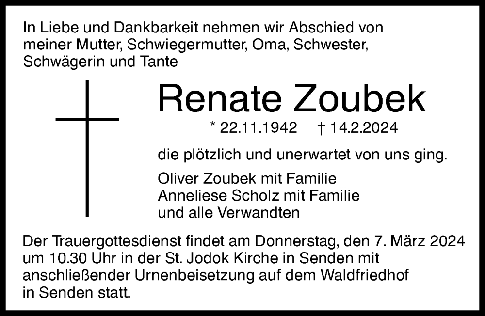 Traueranzeige von Renate Zoubek von Augsburger Allgemeine, Neu-Ulmer Zeitung