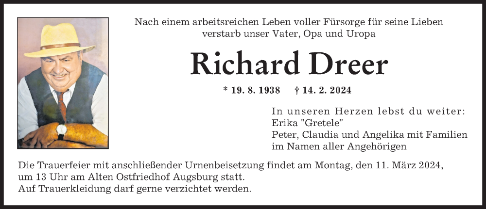 Traueranzeige von Richard Dreer von Augsburger Allgemeine