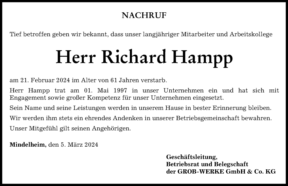 Traueranzeige von Richard Hampp von Mindelheimer Zeitung