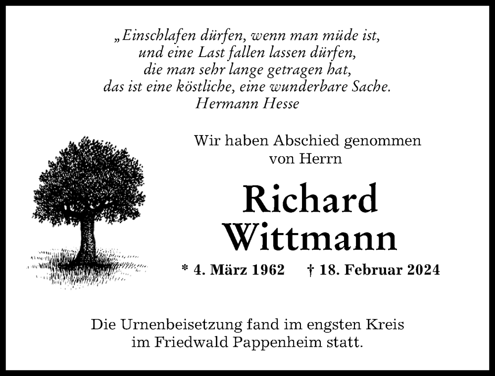 Traueranzeige von Richard Wittmann von Neuburger Rundschau