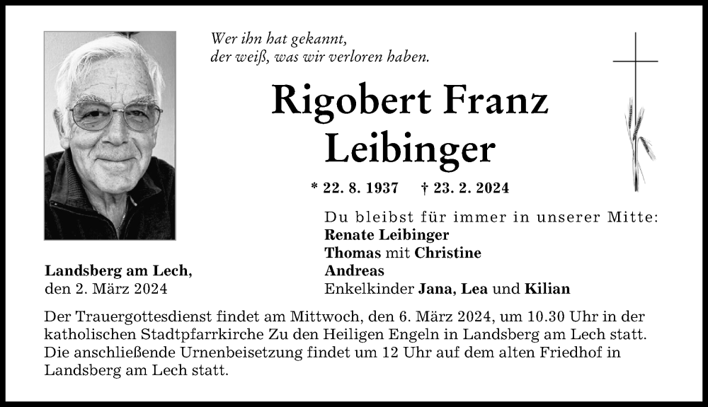 Traueranzeige von Rigobert Franz Leibinger von Landsberger Tagblatt