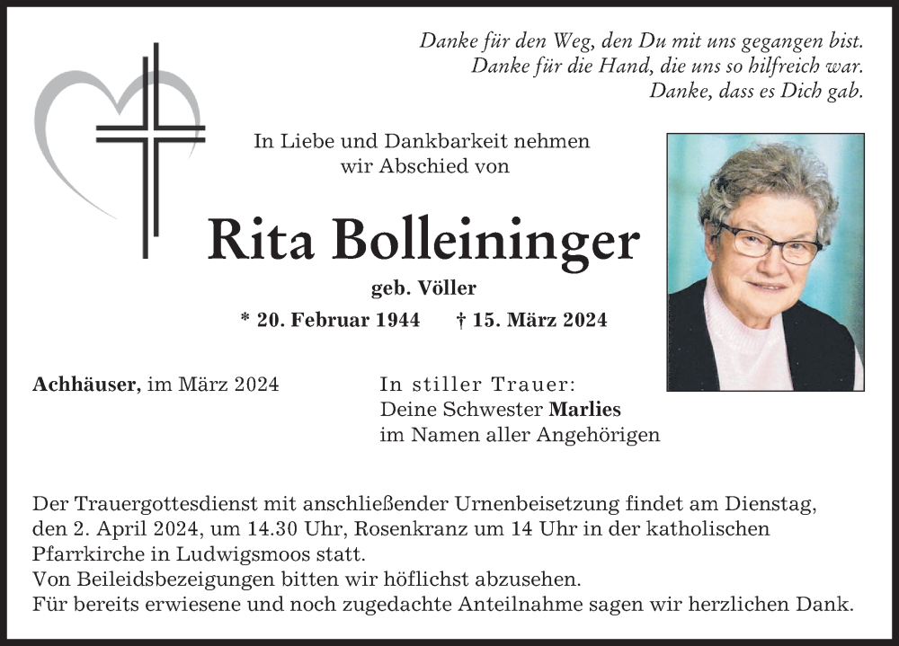 Traueranzeige von Rita Bolleininger von Neuburger Rundschau