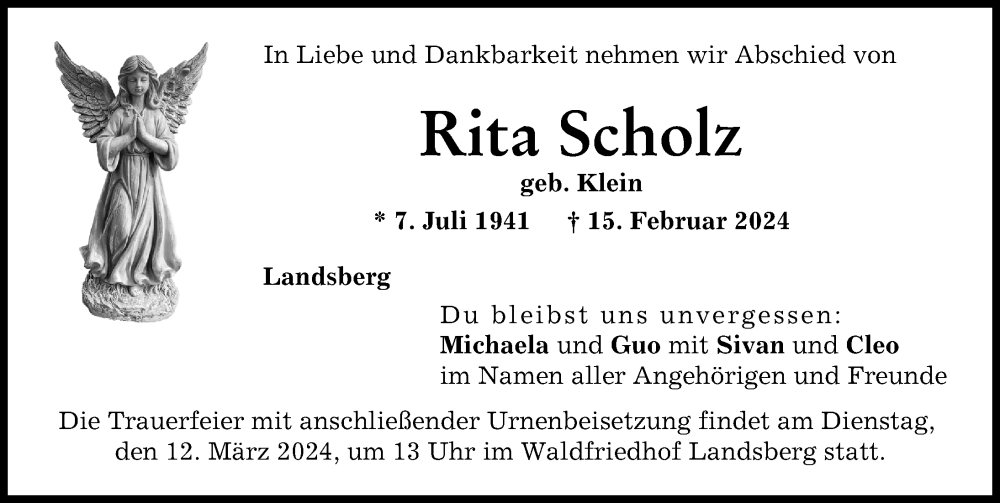 Traueranzeige von Rita Scholz von Landsberger Tagblatt